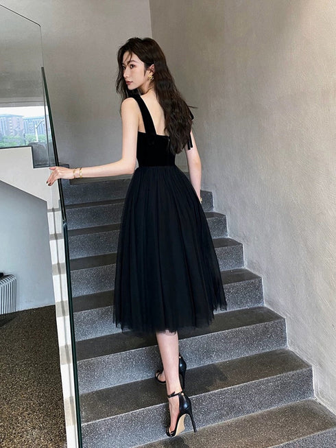 Black Tulle and Velvet Straps Knee Length Homecoming Dress, Black Short Prom Dress