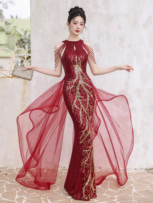 Wine Red Sequins Mermaid Long Party Dress with Lace, Wine Red Long Prom Dress