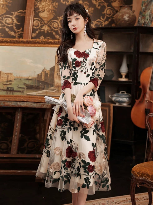 Ivory Floral Tea Length Wedding Party Dress with Sleeves, Ivory Tulle Evening Dress