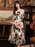 Ivory Floral Tea Length Wedding Party Dress with Sleeves, Ivory Tulle Evening Dress