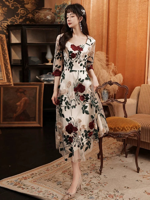 Ivory Floral Tea Length Wedding Party Dress with Sleeves, Ivory Tulle Evening Dress