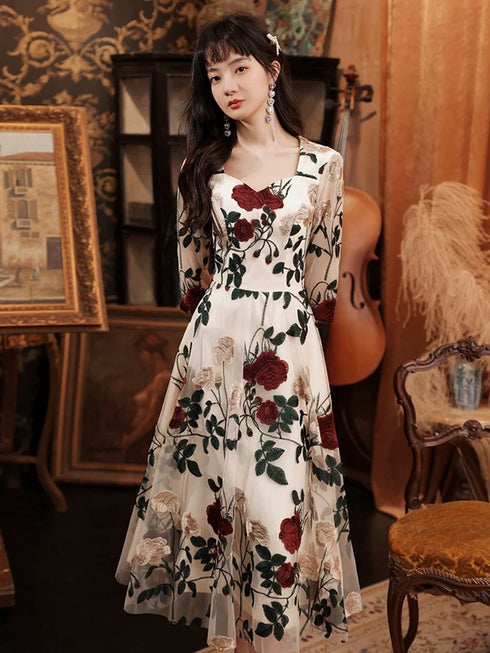 Ivory Floral Tea Length Wedding Party Dress with Sleeves, Ivory Tulle Evening Dress