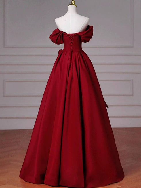 Wine Red Long Off Shoulder Beaded A-line Prom Dress, Wine Red Satin Evening Dress