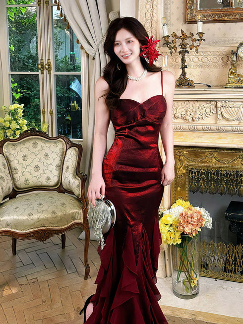 Wine Red Mermaid Satin with Chiffon Long Evening Dress, Wine Red Satin Long Prom Dress