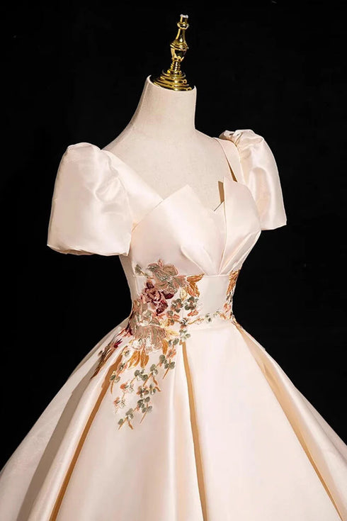 Champagne Satin Short Sleeves A-Line Party Dress, Champagne Satin Long Evening Dress