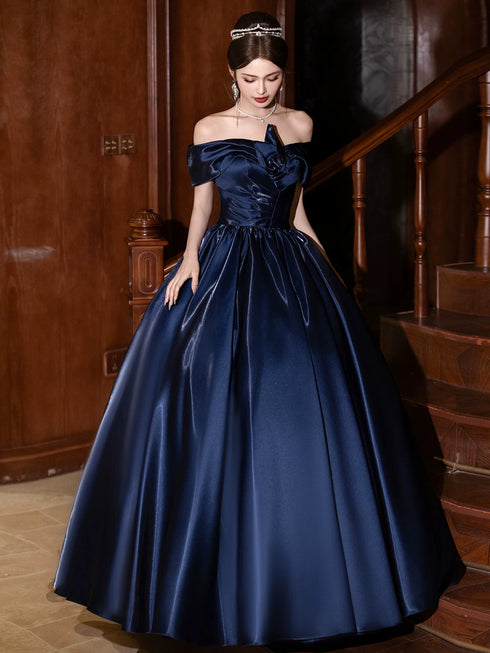 Navy Blue Off Shoulder Satin Floor Length Prom Dress, Navy Blue Sweetheart Evening Dress
