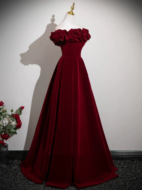Wine Red A-line Off Shoulder Velvet Floor Length Prom Dress, Wine Red Wedding Party Dress
