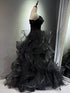 A-line Black Tulle Layers Beaded Off Shoulder Party Dress, Black Tulle Evening Dress Prom Dress