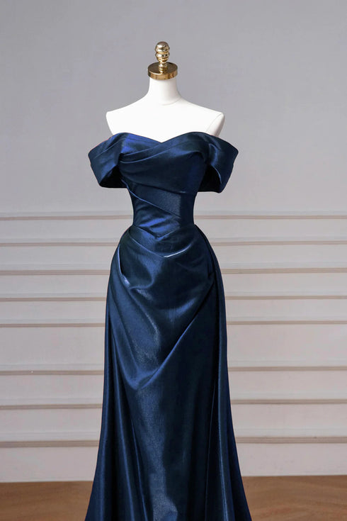 A-line Navy Blue Satin Off Shoulder Prom Dress, Navy Blue Sweetheart Party Dress