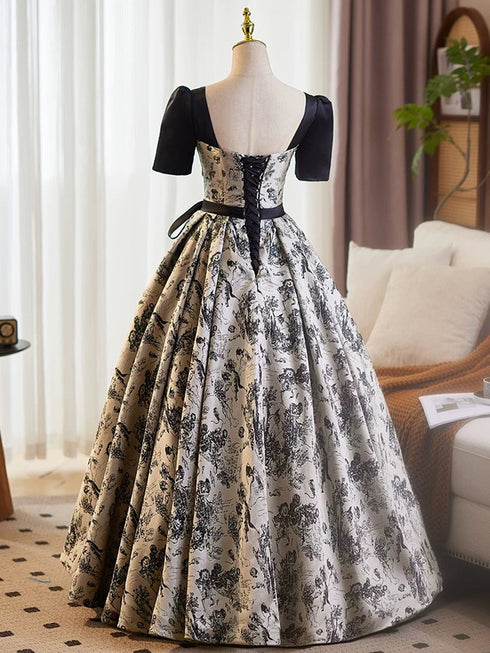 Black A-line Satin Short Sleeves Beaded Party Dress, Black Floral Satin Prom Dress