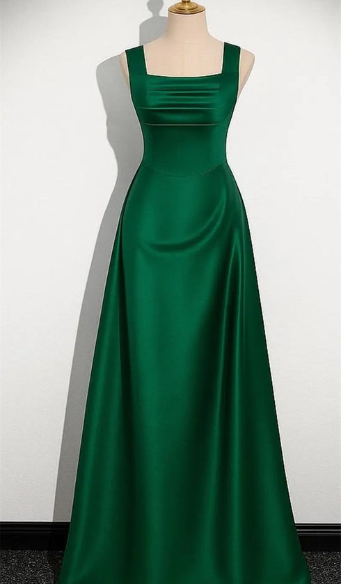 Green Satin Straps Long Evening Dress Prom Dress, Green A-line Floor Length Formal Dress
