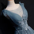A-line Blue Tulle with Lace Applique Floor Length Party Dress, Blue Tulle Long Prom Dress