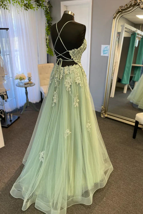 A-line Green Tulle with Lace Applique Cross Back Party Dress, Green Tulle Evening Dress Prom Dress