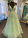 A-line Green Tulle with Lace Applique Cross Back Party Dress, Green Tulle Evening Dress Prom Dress