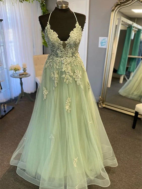A-line Green Tulle with Lace Applique Cross Back Party Dress, Green Tulle Evening Dress Prom Dress