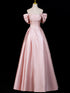 Pink Off Shoulder Beaded A-line Satin Prom Dress, Pink Satin Floor Length Formal Dress
