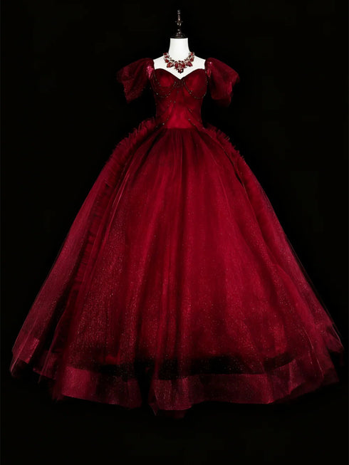 Wine Red Tulle Beaded Short Sleeves Long Formal Dress, Wine Red Ball Gown Prom Dress