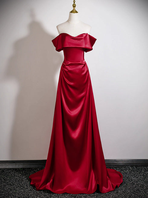 Wine Red Off Shoulder Soft Satin Floor Length Evening Dress, Wine Red Satin Long Prom Dress