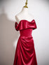 Wine Red Off Shoulder Soft Satin Floor Length Evening Dress, Wine Red Satin Long Prom Dress