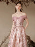 A-line Pink Off Shoulder Sweetheart Floor Length Party Dress, Floral Pink Long Prom Dress