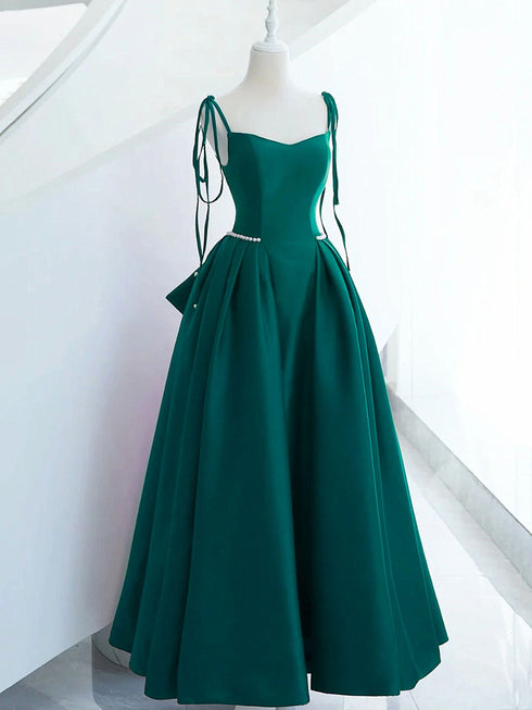 Green Satin Straps Beaded A-line Long Party Dress, Green Satin Evening Dress Prom Dress