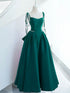 Green Satin Straps Beaded A-line Long Party Dress, Green Satin Evening Dress Prom Dress
