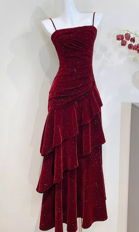 Wine Red Velvet Straps Scoop Long Evening Dress, Wine Red Layers Prom Dress