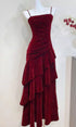 Wine Red Velvet Straps Scoop Long Evening Dress, Wine Red Layers Prom Dress