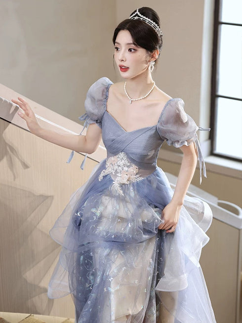 A-Line Blue Tulle With Lace Applique Formal Dress, Blue Tulle Short Sleeves Long Prom Dress