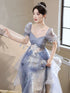 A-Line Blue Tulle With Lace Applique Formal Dress, Blue Tulle Short Sleeves Long Prom Dress
