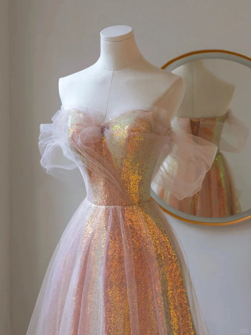 Off Shoulder Sweetheart Long Prom Dress, A-line Sequins and Tulle Long Evening Dress