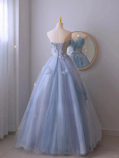 A-line Light Blue Strapless Tulle Long Formal Dress, Light Blue Tulle Evening Gown Prom Dress