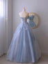 A-line Light Blue Strapless Tulle Long Formal Dress, Light Blue Tulle Evening Gown Prom Dress