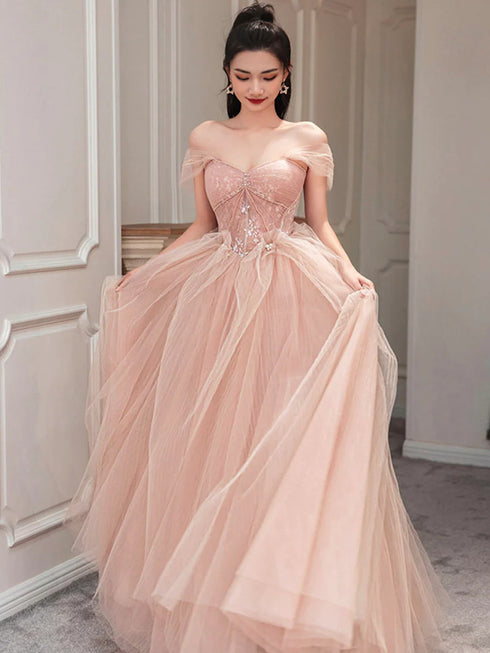 A-line Pink Tulle Beaded Sweetheart Off Shoulder Evening Dress, Pink Tulle Prom Dress
