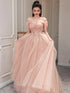A-line Pink Tulle Beaded Sweetheart Off Shoulder Evening Dress, Pink Tulle Prom Dress