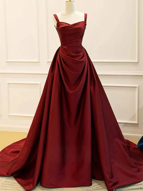 Wine Red Straps A-line Long Formal Dress, Simple Style Wine Red Prom Dress Evening Dress