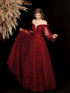 Wine Red Tulle Puffy Sleeves Sweetheart Long Formal Dress, Wine Red Long Prom Dress