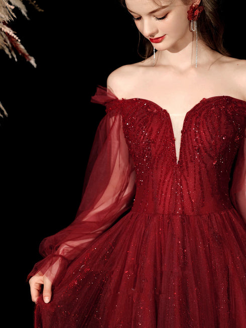 Wine Red Tulle Puffy Sleeves Sweetheart Long Formal Dress, Wine Red Long Prom Dress