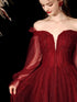 Wine Red Tulle Puffy Sleeves Sweetheart Long Formal Dress, Wine Red Long Prom Dress