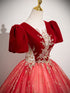 A-line Red Tulle and Velvet Short Sleeves Prom Dress, Tulle Long V-neckline Party Dress