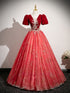 A-line Red Tulle and Velvet Short Sleeves Prom Dress, Tulle Long V-neckline Party Dress