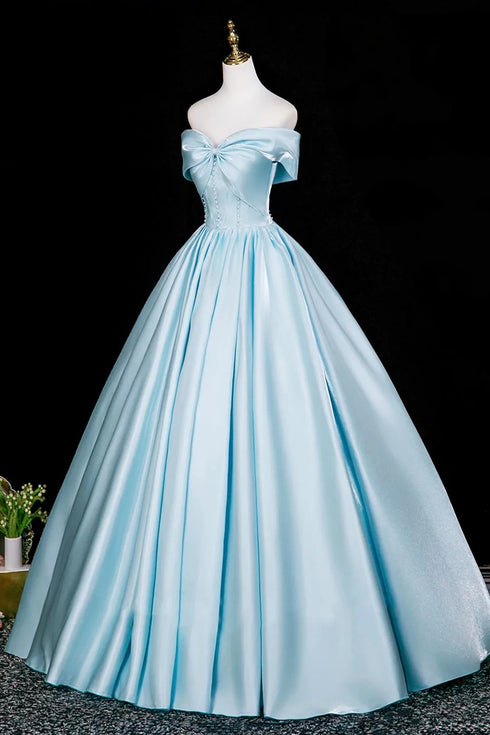 A-line Blue Satin Off Shoulder Prom Dress, Blue Simple Floor Length Evening Dress