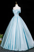 A-line Blue Satin Off Shoulder Prom Dress, Blue Simple Floor Length Evening Dress