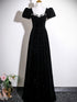 A-line Black Velvet Beaded Short Sleeves Long Party Dress, Black Velvet Sweetheart Prom Dress