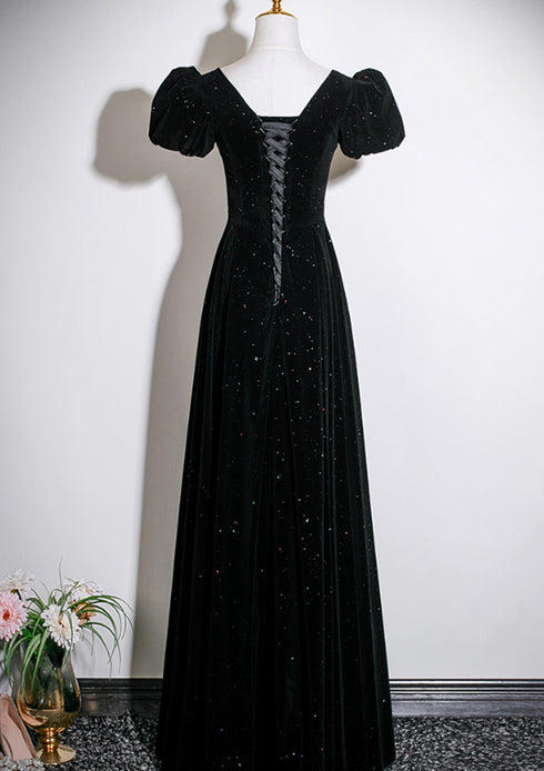 A-line Black Velvet Beaded Short Sleeves Long Party Dress, Black Velvet Sweetheart Prom Dress