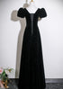 A-line Black Velvet Beaded Short Sleeves Long Party Dress, Black Velvet Sweetheart Prom Dress