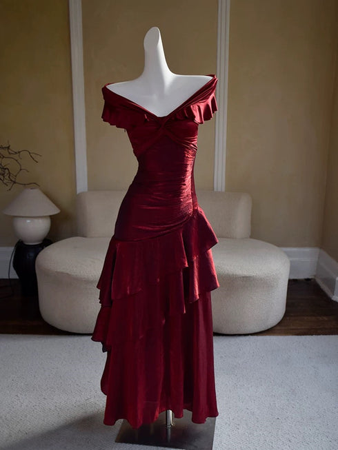Wine Red Off Shoulder Satin Mermaid Prom Dress, Wine Red Long Formal Dress Evening Dress