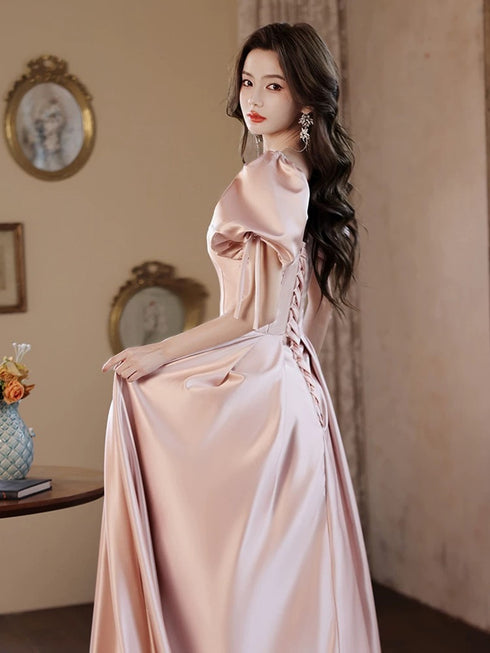 Pink Satin A-line Sweetheart Party Dress Prom Dress, Pink Long Party Dress Evening Dress
