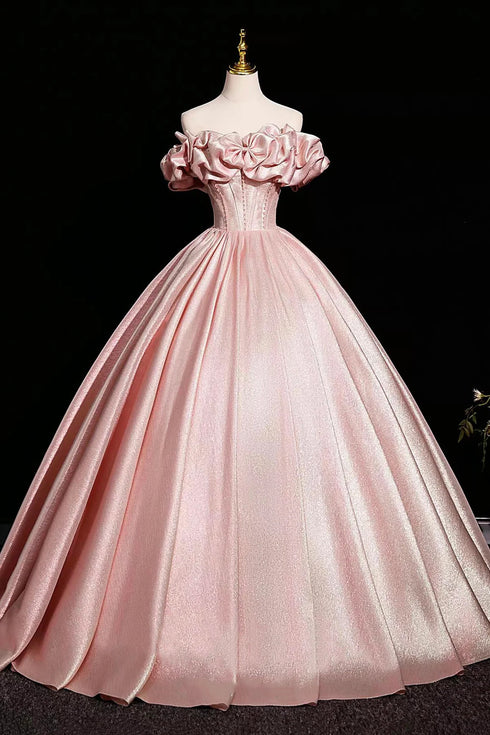 Pink Beaded Off Shoulder A-line Satin Prom Dress, Pink Satin Evening Dress Party Dress