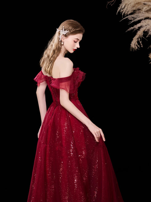 Wine Red Tulle Off Shoulder Sweetheart Party Dress, A-line Wine Red Long Prom Dress